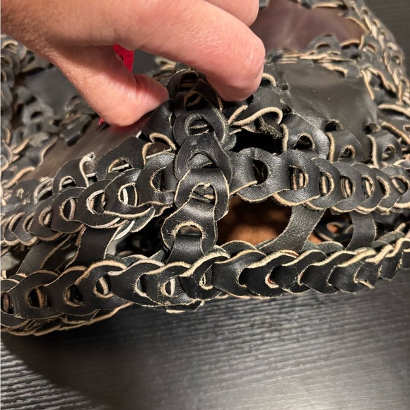 Leather Double big Woven 60s Vintage boho rustic handbag tote - Picture 8 of 12